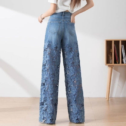 High-Waisted Wide-Leg Pants For Women 2025 Summer New Fashion Elegant Versatile Hollow Lace Splicing Denim Draped Pants
