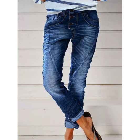2022 New Product Cross-Border European And American Ripped Denim Drawstring Elastic Waist Washed Casual Pants For Women Trendy