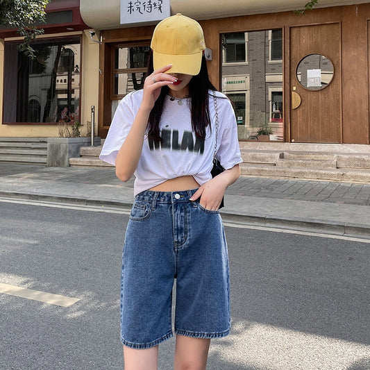 High Waist A- Line Casual Denim Shorts Women's Summer Thin Mid-Pants Large Size Chubby Girl Loose Straight Wide Leg Pants