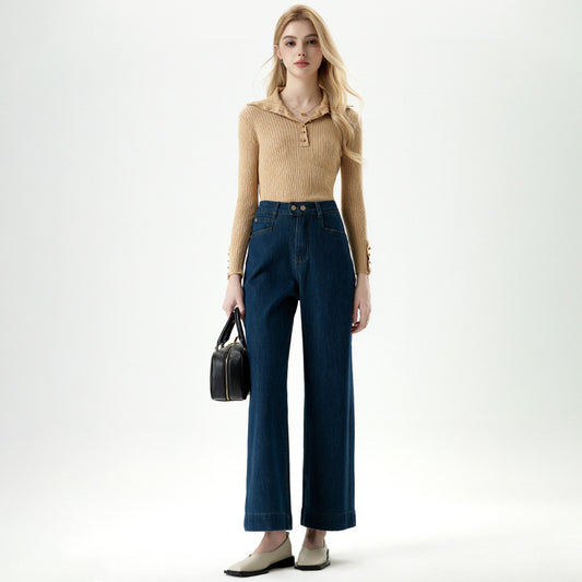 Ji Also Four-sided Two-button High-waist Wide-leg Jeans Women's 2025 Spring New Loose Straight Pants