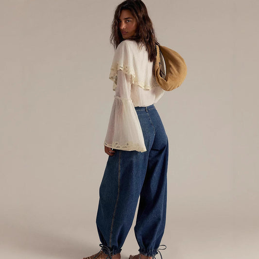 2025 Independent Station New Pleated Mid-Waist Loose Wide-Leg Lotus Jeans For Women
