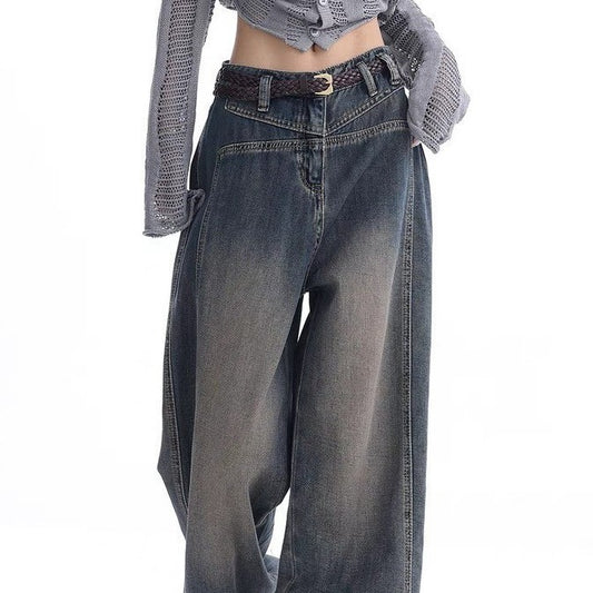 American High Street Retro Distressed Wide-Leg Jeans For Women In Autum 2025 New Mid-High Waist Fashionable Slim Floor-Length Pants