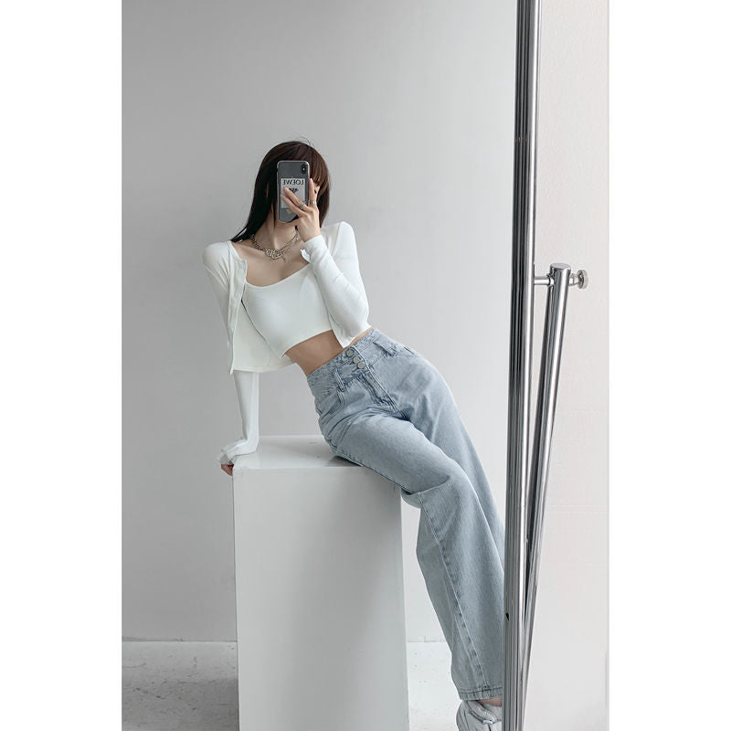 Hyun Ya Style Vintage High Waist Breasted Jeans Women's Summer Loose Straight Wide Leg Trousers All-match Slimming Floor-length Pants