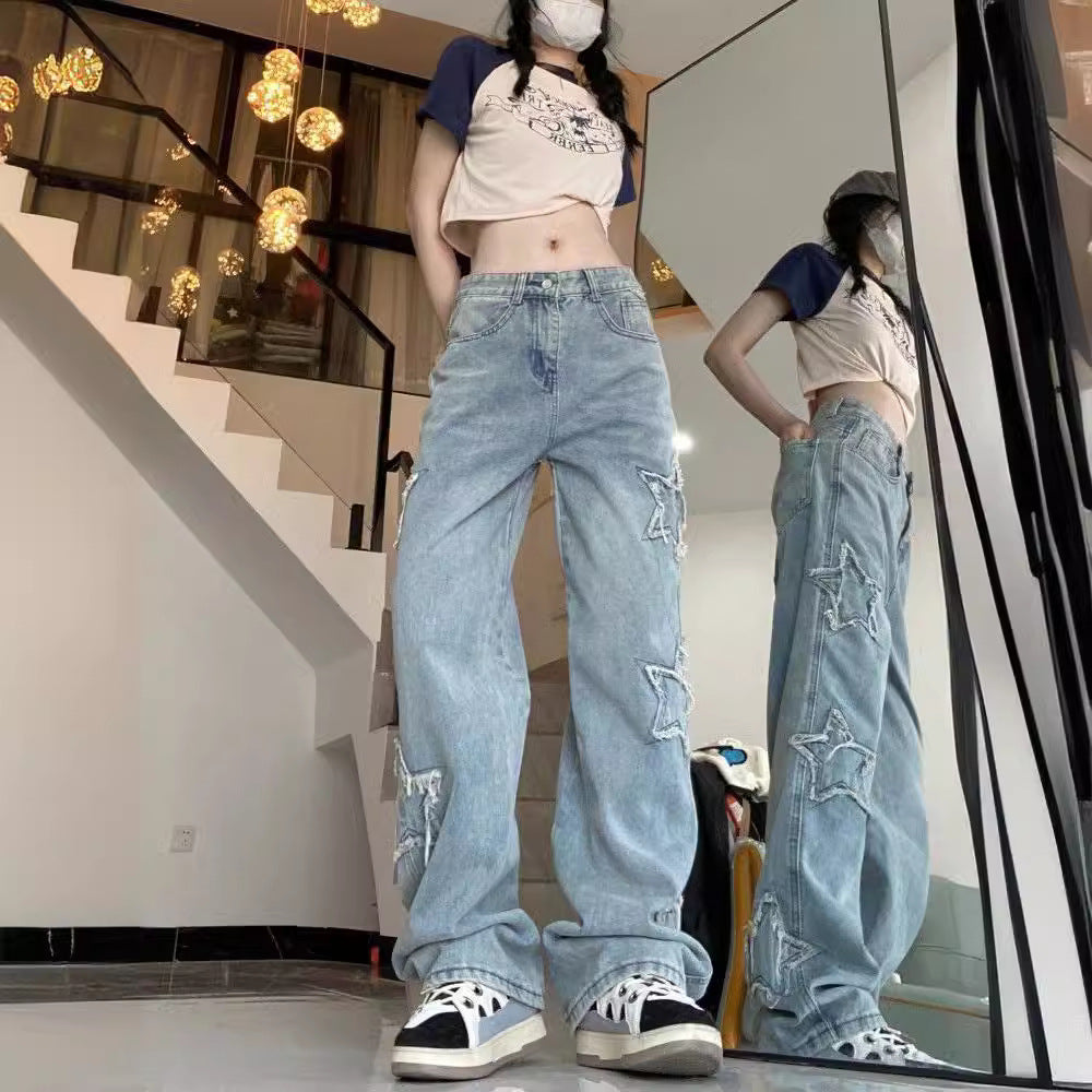 Five-Pointed Star Patch Jeans For Women Spring And Summer New Embroidered High-Waisted Loose Wide-Leg Pants Straight-Leg Floor-Length Pants Trendy