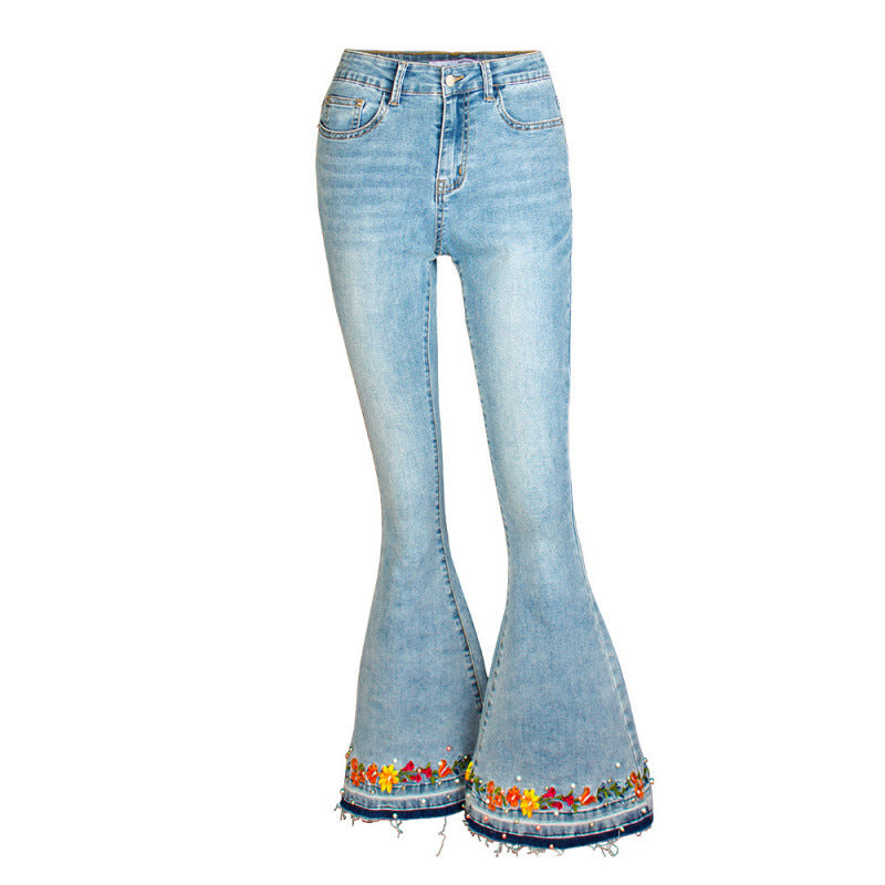 Flared Jeans Women's European And American Heavy Industry 3D Embroidered Women's Jeans New Women's Rivet Denim Pants