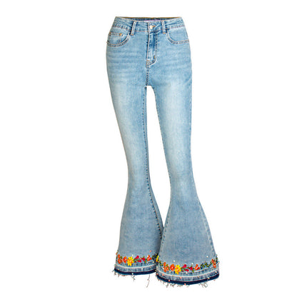Flared Jeans Women's European And American Heavy Industry 3D Embroidered Women's Jeans New Women's Rivet Denim Pants