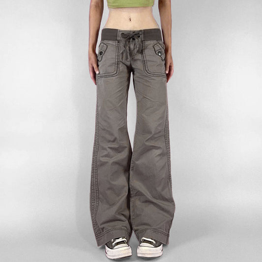 Foreign Trade American Style Retro Street Pocket Hot Girl Straight Tooling Trousers Women's Casual Outdoor Strap Low Waist Jeans