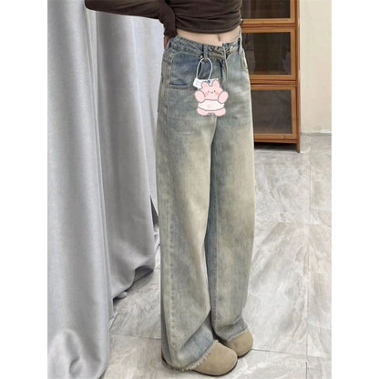 Small Tall Distressed Cement Frayed Straight Jeans For Women 2024 Spring And Summer New Draping Pants