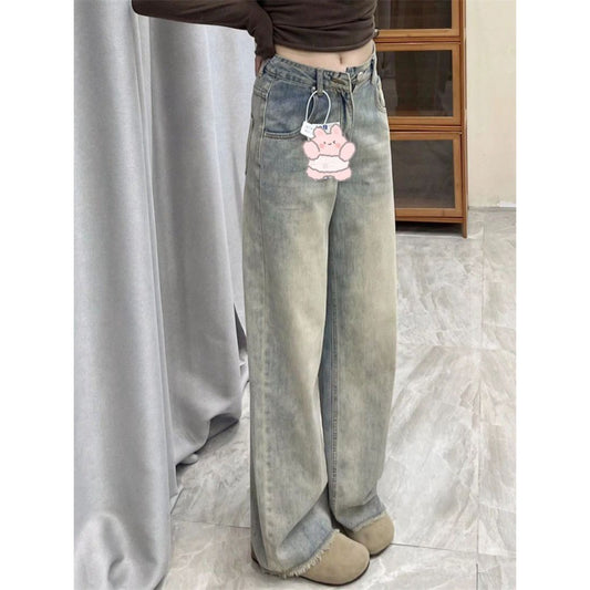 Small Tall Distressed Cement Frayed Straight Jeans For Women 2024 Spring And Summer New Draping Pants