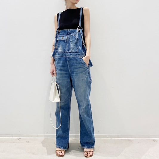 In Stock 2024 Spring And Summer Women's Jeans Suspender Pants Foot Split Straight Cylinder Suspender Pants Vintage Multi-Pocket Cock Pants