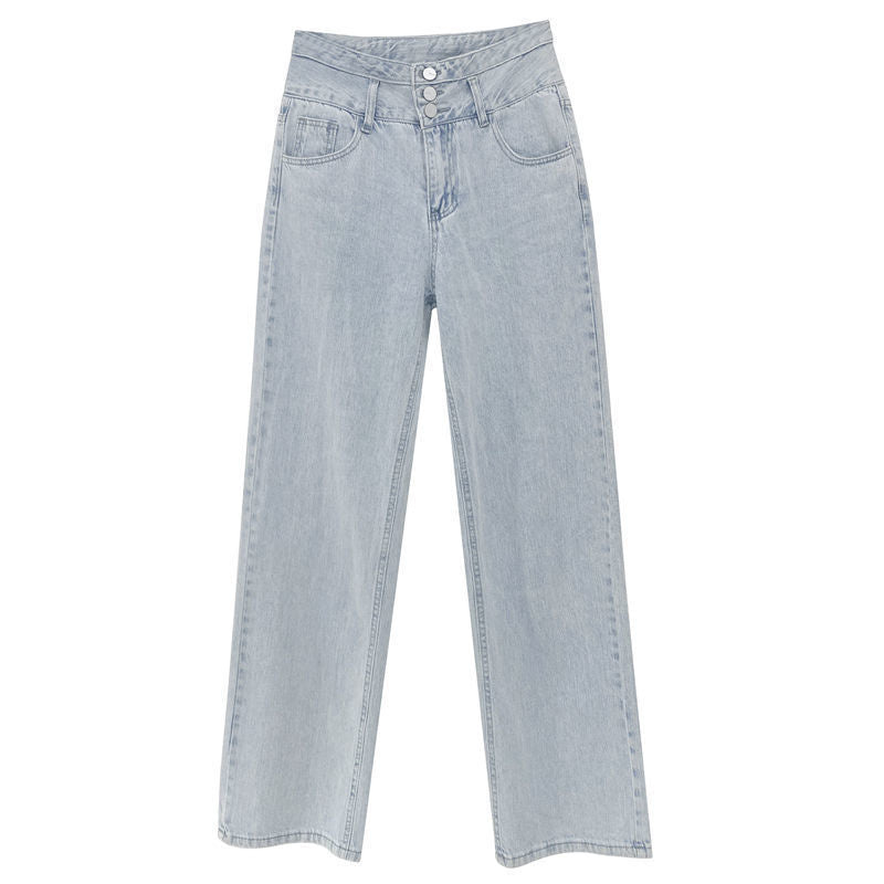 Hyun Ya Style Vintage High Waist Breasted Jeans Women's Summer Loose Straight Wide Leg Trousers All-match Slimming Floor-length Pants