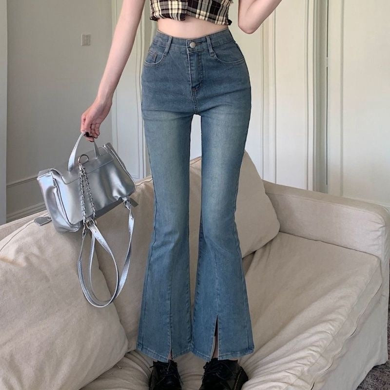 [Lightning Warehouse] Retro Micro-Flared Design Niche Slimming Look Jeans Women's Slim Stretch Nine-Point Pants Ins Trendy People