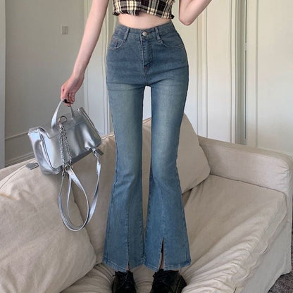 [Lightning Warehouse] Retro Micro-Flared Design Niche Slimming Look Jeans Women's Slim Stretch Nine-Point Pants Ins Trendy People