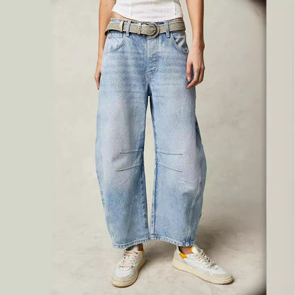 2025 European And American Cross-Border Temu Fashionable Casual Women's Loose Wide-Leg Pants Mid-Low Waist Washed Denim Pants
