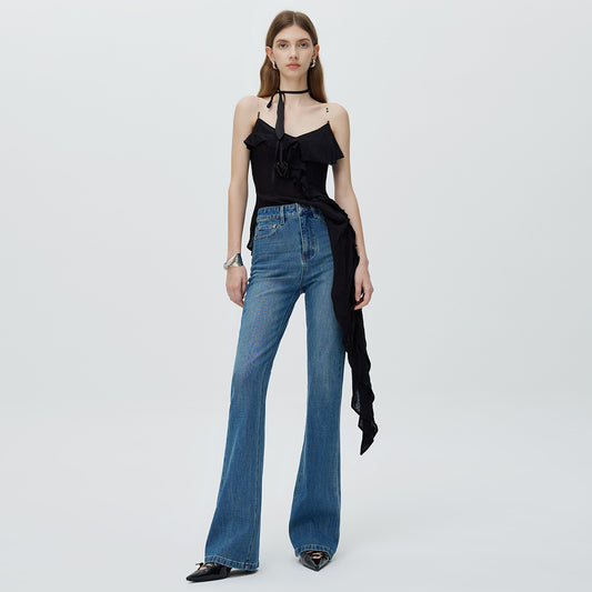 High-End 2025 New Four-Way Stretch Flared Stretch Jeans For Women Dark Blue Slim Fit Versatile Long Pants Trendy