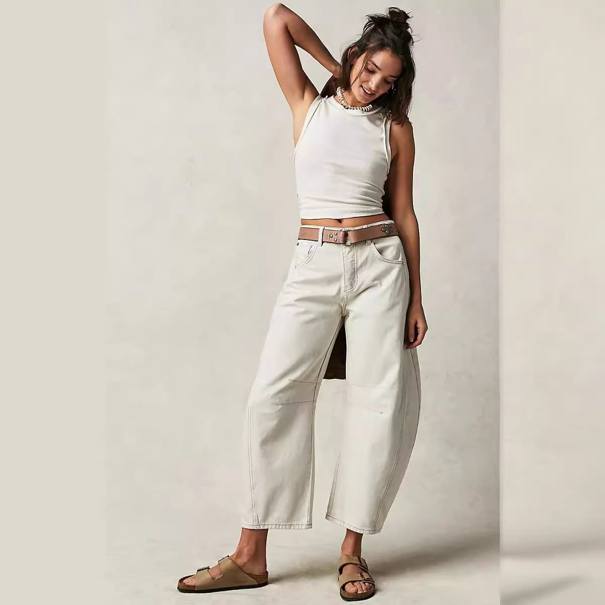 2025 European And American Cross-Border Temu Fashionable Casual Women's Loose Wide-Leg Pants Mid-Low Waist Washed Denim Pants