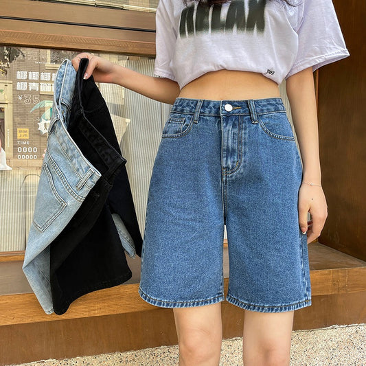 High Waist A- Line Casual Denim Shorts Women's Summer Thin Mid-Pants Large Size Chubby Girl Loose Straight Wide Leg Pants
