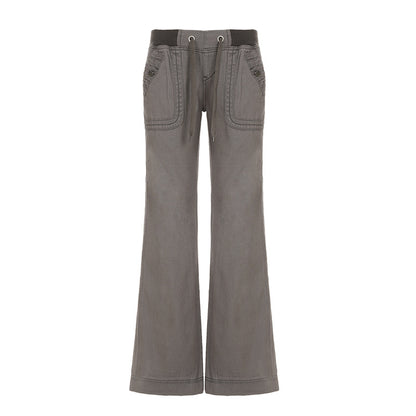 Foreign Trade American Style Retro Street Pocket Hot Girl Straight Tooling Trousers Women's Casual Outdoor Strap Low Waist Jeans