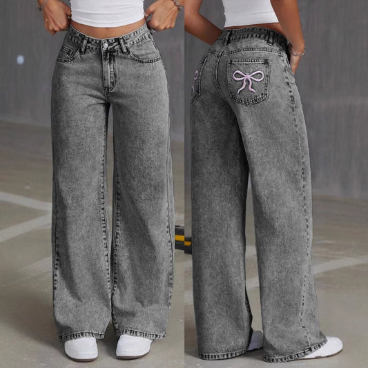 Cross-Border Shein Amazon Bow Embroidered Jeans For Women, Sweet And Spicy Style High-Waisted Straight Pants, Loose Pants