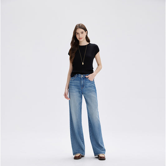 2025 New Summer Lyocell High-End Jeans Women's Non-Elastic Loose High Waist Nine-Point Straight-Leg Pants Cross-Border