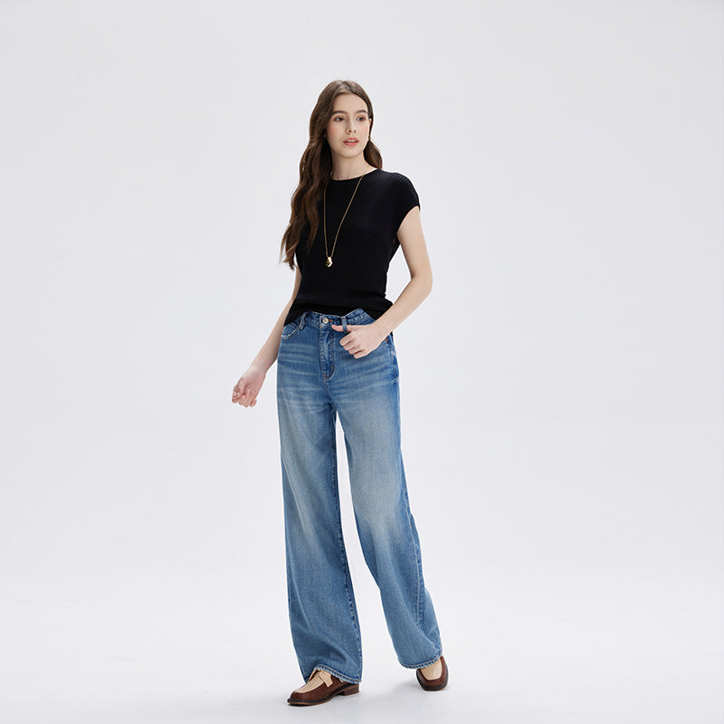 2025 New Summer Lyocell High-End Jeans Women's Non-Elastic Loose High Waist Nine-Point Straight-Leg Pants Cross-Border