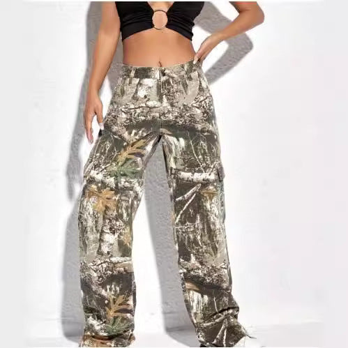 Cross-Border Printed Fashion Workwear Casual Loose Straight High-Waist Slim Denim Trousers For Women