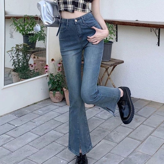 [Lightning Warehouse] Retro Micro-Flared Design Niche Slimming Look Jeans Women's Slim Stretch Nine-Point Pants Ins Trendy People