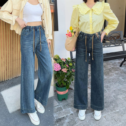 Women's Elastic Waist Jeans 2025 New Spring High Waist Loose Casual Pants Women's Slim Narrow Straight Pants