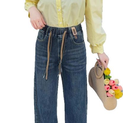 Women's Elastic Waist Jeans 2025 New Spring High Waist Loose Casual Pants Women's Slim Narrow Straight Pants