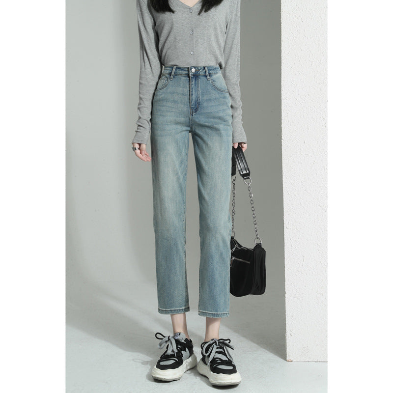 Straight-Leg-Leg Jeans For Women 2025 Early Spring New Hot Style High-Waisted Loose Slimming Look Straight Nine-Point Narrow Cigarette Pipe Pants