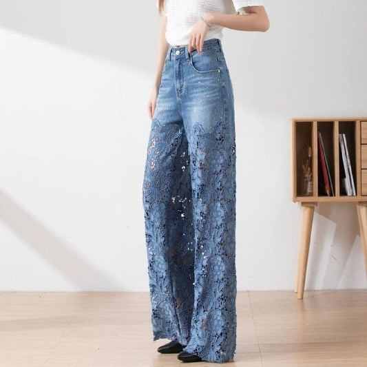 High-Waisted Wide-Leg Pants For Women 2025 Summer New Fashion Elegant Versatile Hollow Lace Splicing Denim Draped Pants
