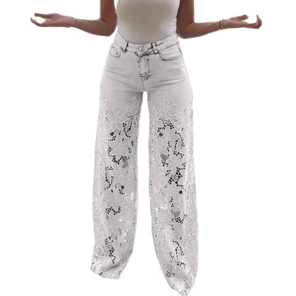 2025 High-Waisted Wide-Leg Pants For Women, Spring And Summer Fashion, Versatile, Hollow Lace Splicing Denim Draped Pants