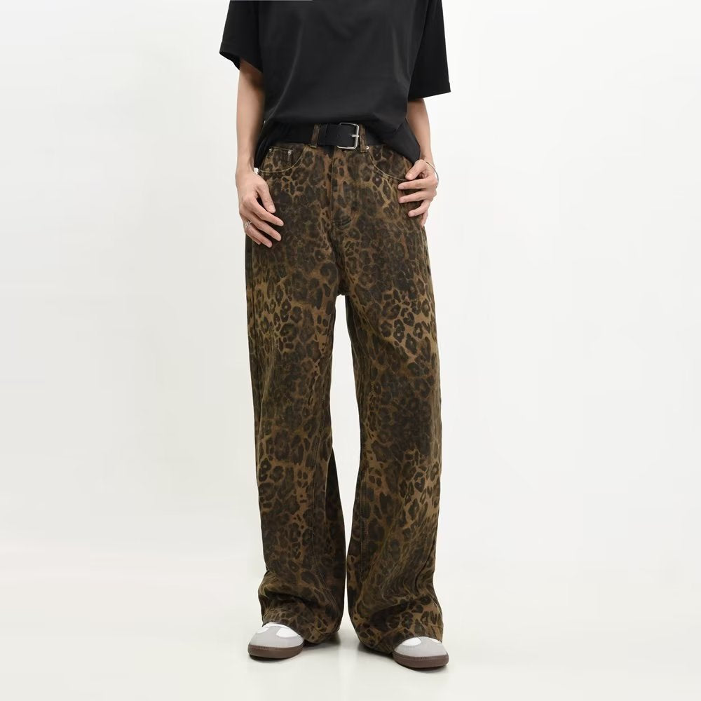 2023 New Original American Retro Leopard Print Jeans Straight Loose Men's And Women's Autumn And Winter Trendy Leopard Print Casual Pants