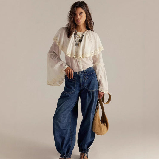 2025 Independent Station New Pleated Mid-Waist Loose Wide-Leg Lotus Jeans For Women