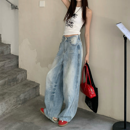 American-style Grinding White Scratch Wide Leg Low Waist Slimming Loose Dipped Straight Jeans For Children