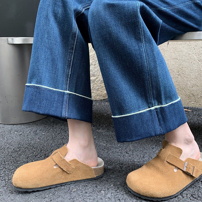 Over The Screen Straight-Leg Pants! Cuffed Contrasting Retro Blue Straight Jeans For Women, Nine-Point Slightly Loose Narrow Wide-Leg Pants