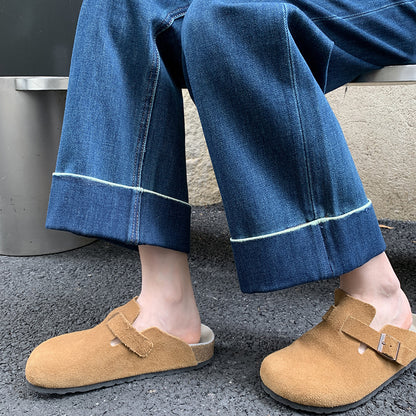 Over The Screen Straight-Leg Pants! Cuffed Contrasting Retro Blue Straight Jeans For Women, Nine-Point Slightly Loose Narrow Wide-Leg Pants