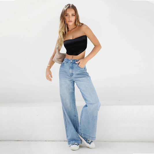Europe And The United States 2021 High Waist Loose Wide Leg Women's Jeans Amazon Mop Jeans New One-piece Hair