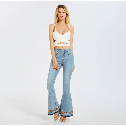Flared Jeans Women's European And American Heavy Industry 3D Embroidered Women's Jeans New Women's Rivet Denim Pants