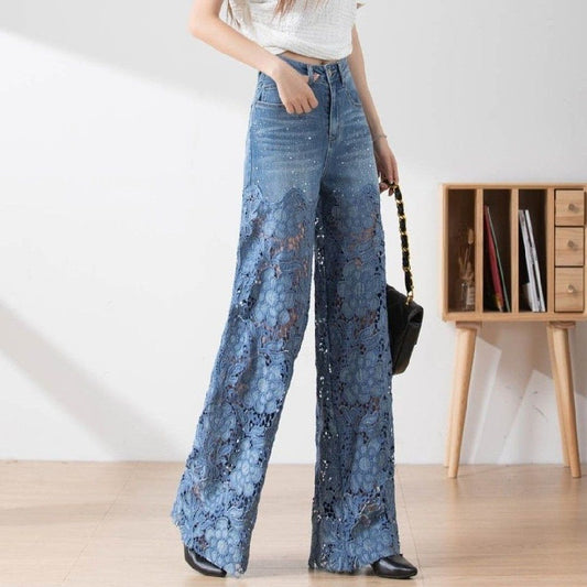 High-Waisted Wide-Leg Pants For Women 2025 Summer New Fashion Elegant Versatile Hollow Lace Splicing Denim Draped Pants