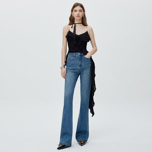 High-End 2025 New Four-Way Stretch Flared Stretch Jeans For Women Dark Blue Slim Fit Versatile Long Pants Trendy
