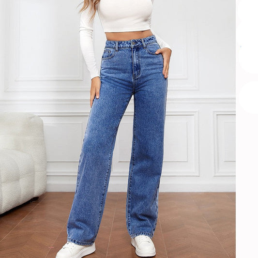 New Amazon Aliexpress Cross-Border European And American Women's Jeans Women's High-Waist Slim Straight Denim Trousers Hot Style