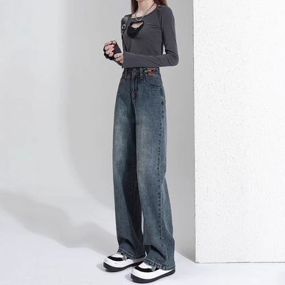 Hong Kong Style Trendy Jeans Women's Spring Summer Autumn New High Waist Wide Leg Narrow Straight Pants Slim Look High Leg Long All-match