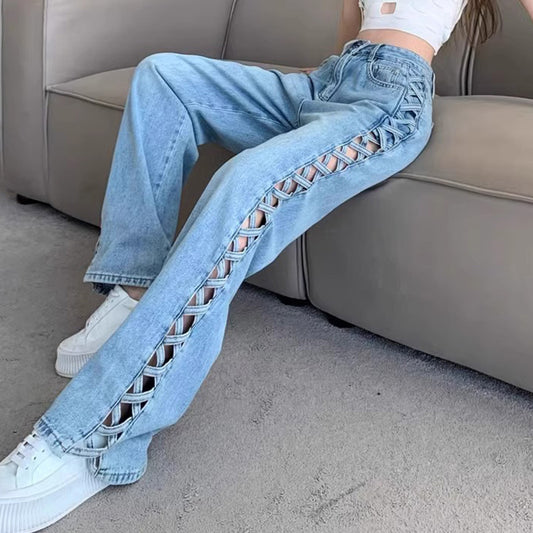 American-style Hollow-out Wide-leg Jeans Women's Spring/Summer 2024 Design Sense Slim-fit All-match Thin High Waist Trousers