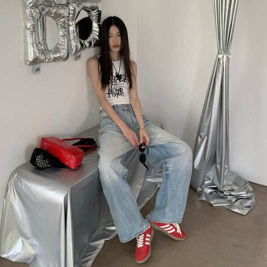 American-style Grinding White Scratch Wide Leg Low Waist Slimming Loose Dipped Straight Jeans For Children
