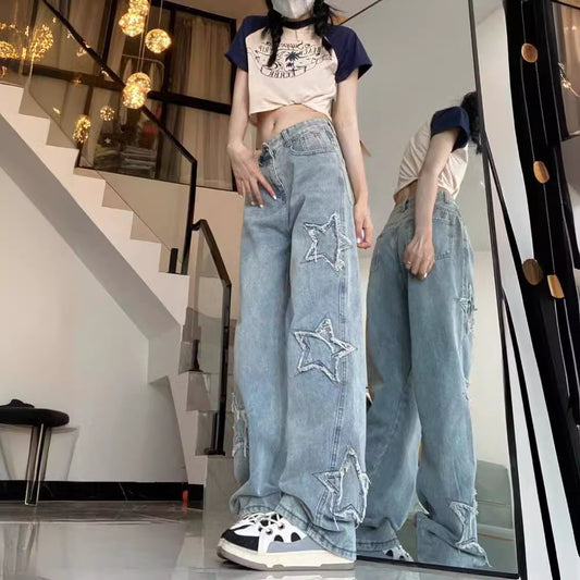 Five-Pointed Star Patch Jeans For Women Spring And Summer New Embroidered High-Waisted Loose Wide-Leg Pants Straight-Leg Floor-Length Pants Trendy