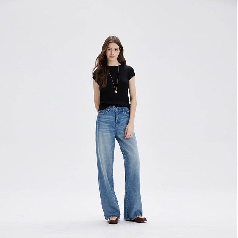 2025 New Summer Lyocell High-End Jeans Women's Non-Elastic Loose High Waist Nine-Point Straight-Leg Pants Cross-Border