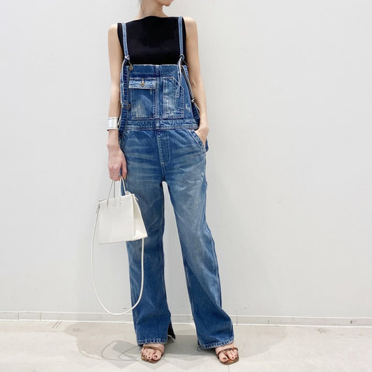 In Stock 2024 Spring And Summer Women's Jeans Suspender Pants Foot Split Straight Cylinder Suspender Pants Vintage Multi-Pocket Cock Pants
