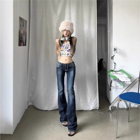 American Style Retro High Street Low Waist Micro-flared Jeans Women's Spring And Autumn 2025 New Slim-fit Stretch Trendy Mop Pants