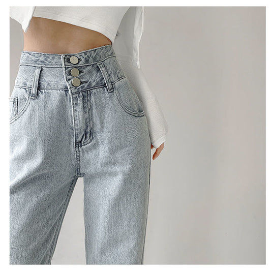 Hyun Ya Style Vintage High Waist Breasted Jeans Women's Summer Loose Straight Wide Leg Trousers All-match Slimming Floor-length Pants